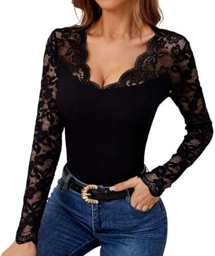 Haut Femme Chic Et Elegant - Blouse Femme Mi Longue Fashion Guinguette Tenue Noir Body Soiree Haut Mariage Manche Longue Mode Top Dentelle Carnaval Costume 2#Noir XXL