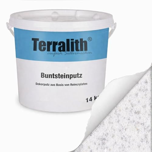 Terralith Buntsteinputz 14kg in weiß, Sockelputz für Innen und Außen mit Reinacrylat Bindemittel aus Naturstein, 1-2mm Körnung (BSP1097)