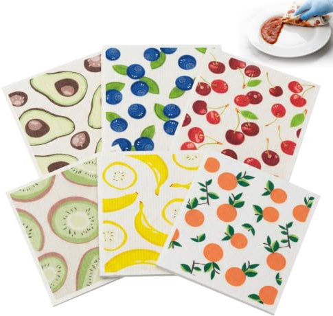 XINML 6 Pack Swedish Dish Cloths for Kitchen, Reusable Cellulose Cleaning Cloths, Biodegradable Absorbent Dishcloths for Washing Dishes, Wiping Countertops, Tables and Household Cleaning, 18 x 20 cm