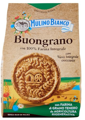 Mulino Bianco Biscotti Buongrano con 100% Farina Integrale, 350 gr | Colazione Ricca di Fibre e Gusto