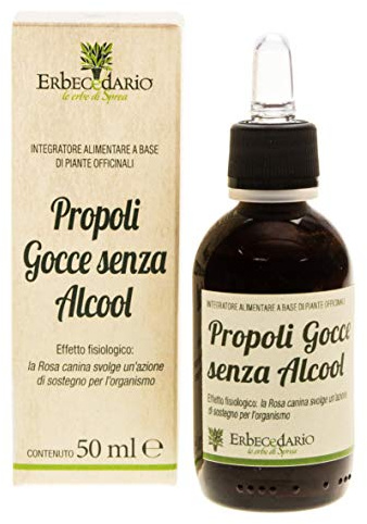 Propoli Gocce Senza Alcool Erbecedario, Rimedio Naturale Con Rosa Canina Analcolico Adatto Ai Bambini Per Benessere Gola E Cavo Orale, 1 Flacone Da 50ml
