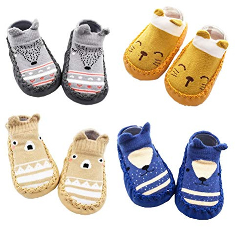 XM-Amigo 4 Pairs of Baby Boys Girls Indoor Slippers Anti-Slip Socks Shoes, Blue Set01, 12-18 Months
