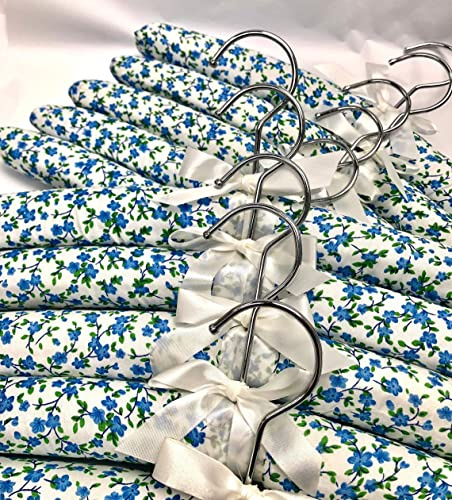 Padded Coat Hangers ~ Pack of 10 Beautiful Florence Lilly Hangers with Blue Flower Fabric