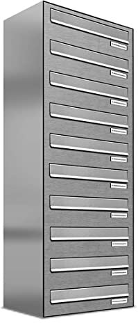 AL Briefkastensysteme 10er Tür/Zaundurchwurfbriefkasten in Edelstahl und Aluminiumgrau RAL 9007 10 Fach DIN A4 wetterfest Premium Briefkastenanlage
