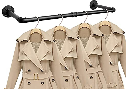 Jeasor Industrial Iron Pipe Clothes Hanging Bar DIY Wall-Mounted Garment Rack Heavy Duty Clothing Rack for Bedroom, Laundry Room, Closet Storage (Black 28 inch)