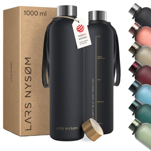 LARS NYSØM Gourde 1l | Bouteille d'eau 1000ml | Gourde de sport ultralégère en Tritan | Idéal pour le sport, le bureau, le yoga| 2 couvercles inclus (Black/Gold, 1000ml)