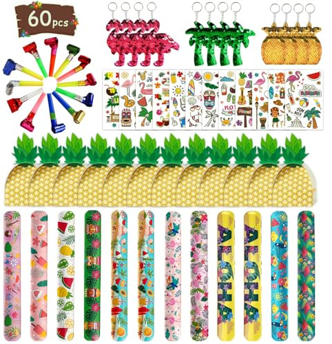 Leesgel Hawaii Tropical Party Mitgebsel Set, 60 Pcs Hawaiian Party Deko mit Schlüsselanhängern, Armbändern, Gebläsen, Leuchtenden Tattoos Kinder, Mitgebsel Kindergeburtstag Luau Beach Geschenk