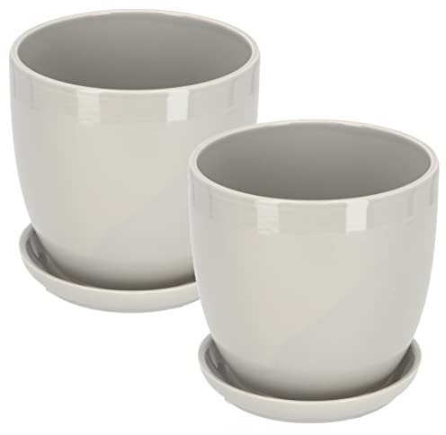 KOTARBAU® 2 x Maceteros con Plato de cerámica esmaltada, 15 cm, Maceta Gris, Tiesto Decorativo para Plantas, Maceta con Plato y Orificio de Drenaje, Efecto Espejo, Reflejo Brillante, Macetas 2 UDS
