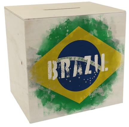 Spardose aus Holz mit Brasilien-Flagge im Used Look - Sparschwein für Urlauber eine schöne Sparbüchse mit der brasilianischen Nationalflagge verziert um auf die Reise nach