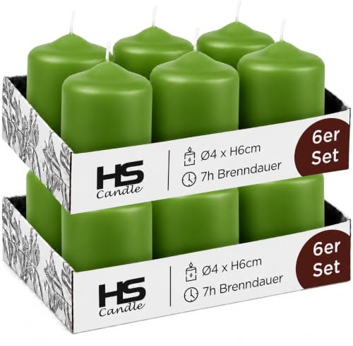 HS Candle Stumpenkerzen Grün (12 Stück) Ø4x6cm, 7h Brenndauer, Made in EU | Teelichtgröße Ø4cm, gleichmäßig abbrennende Wachskerzen, unparfümiert – ideal für Advent, Naturdeko & festliche Arrangements