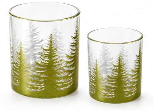 Windlicht Set 2-teilig – Teelichthalter mit moosgrünem Tannenwald-Design aus Glas – Festliche Tischdeko für Herbst & Weihnachten – 8×10 cm & 7×9 cm (Winterwald grün 2er Set)