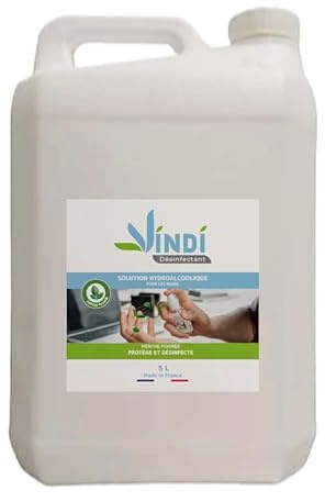 Vindi Désinfectant solution hydroalcoolique menthe poivrée - Bidon de 5L - Fabrication Française -76% d'alcool - Désinfection des mains et des surfaces - Virucide