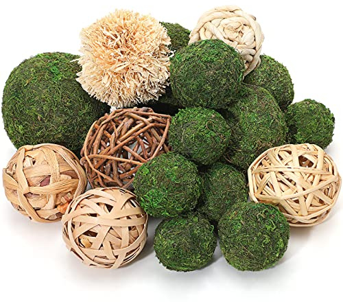Jetec 18 Pcs Decorative Balls for Centerpiece Bowls 12 Green Moss Balls + 6 Wicker Rattan Cord Decorative Bowl Vase Fillers for Garden Vase Bowl Home Party Table Farmhouse Rustic Wedding Decor