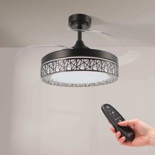 M mimotec - Ventilateur de plafond Led Noir Aqua 66W avec lumière, télécommande, Faible consommation, moteur DC 30W+Lumière Led 36W, 6 vitesses, Silencieux, 4 Pales déployantes, été-hiver, minuterie