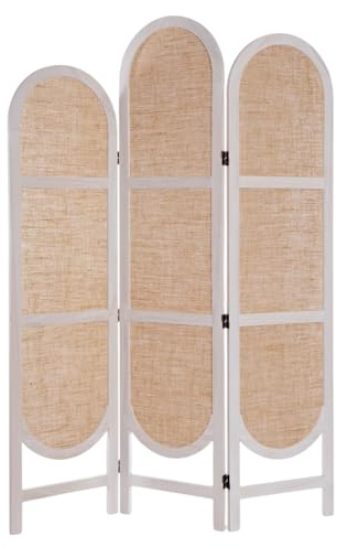 CREEDWOOD RAUMTEILER Arco | Leinen/Holz, 3-teilig,170x120 cm, weiß | klappbarer Paravent, Natur Stellwand, Trennwand, Raumtrenner, Faltwand, Sichtschutz, Ankleidewand