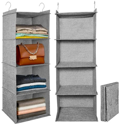 Organizer Portaoggetti da Appendere Ripiani per armadio Interno Salvaspazio con 4 Ripiani Lavabile Pieghevole 29x29x84cm Grigio 2 Pezzi