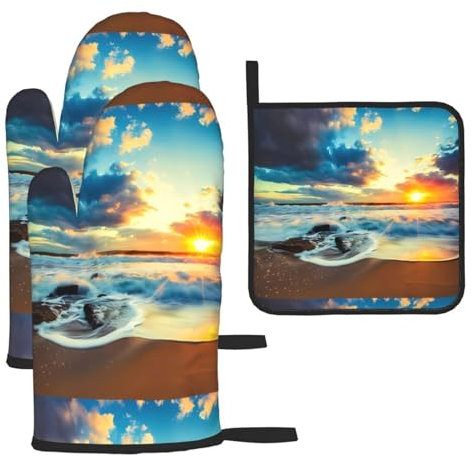 Sunset Beach - Set di 3 guanti e presine antiscottatura per cucina, cottura al forno, grigliate, Natale, festa della mamma, inaugurazione della casa