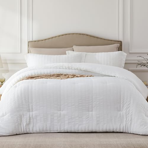 Quataly Juego de cama ligero Seersucker para todas las estaciones, tamaño Queen, color blanco