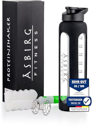 Asbirg Coctelera de cristal de 1000 ml, sin BPA, a prueba de fugas y resistente, con bola mixta de vidrio de borosilicato, botella para fitness y deportes, color negro