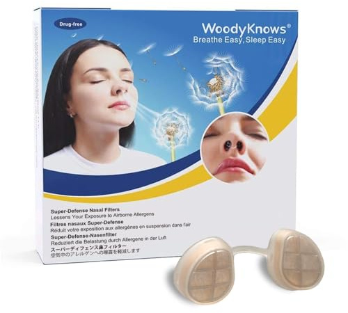 Filtri nasali WoodyKnows Super-Defensa, aiuto per le allergie stagionali e l'inquinamento industriale, protezione per il trasporto pubblico (Narice Rotonda, M, 3 Filtri+24 Sostituzioni)