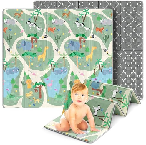 MAPALOU Krabbmatta Spelmatta för Baby & Barn Vikbar & Giftfri 180 x 200cm | Barnrum Spelmatta Play Mat Babymatta Golvkudde | Bärbar & Vattentät för Inomhus & Utomhus – Safari