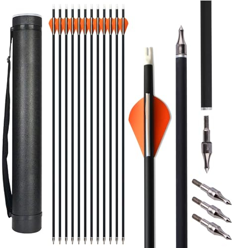 surwolf Carbonpfeile，Jagdpfeile，Bogenschießen Zielübungspfeile，Spine 500，für Bogenschießen Compound & Recurve & Traditional Bow 12/24St (Pfeile+Köcher, 24)