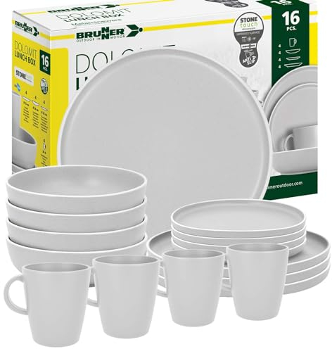 BRUNNER: Melamin Geschirr-Set Camping | 16-Teilig - Teller & Kaffe-Becher für 2-4 Personen | DOLOMIT Lunch Box - Stapelbar, Kratzfest