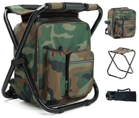 Outplea Kompakter Campinghocker mit 15L Abnehmbarer Kühltasche, Leichter Sitzrucksack mit Klappbares Gestell, Stabiler Klapphocker Faltbar für Angeln Picknick Trekking Jagd Wandern