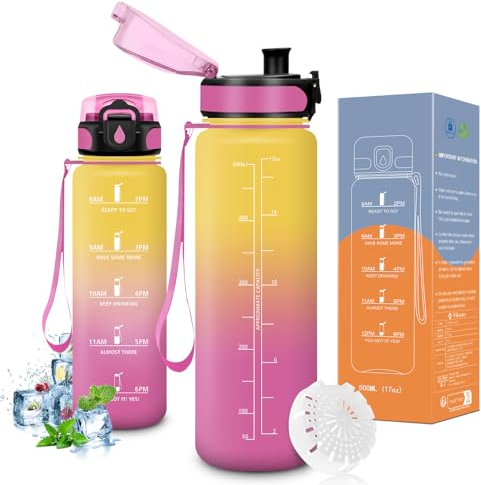 Vikaster Borraccia motivazionale, Borraccia 0.5l, Senza BPA & Prova di Perdite, Bottiglia Acqua Bambini, Scuola, Bici, Palestra, Yoga, Ufficio