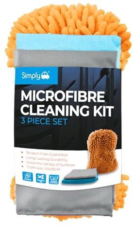 Simply Auto Microfibre Car Wash Cleaning Kit, 1 x Microfibre Noodle Sponge, 2x Microfibre Cloths for Washing, Drying, Polishing (Lint and Scratch Free), Orange