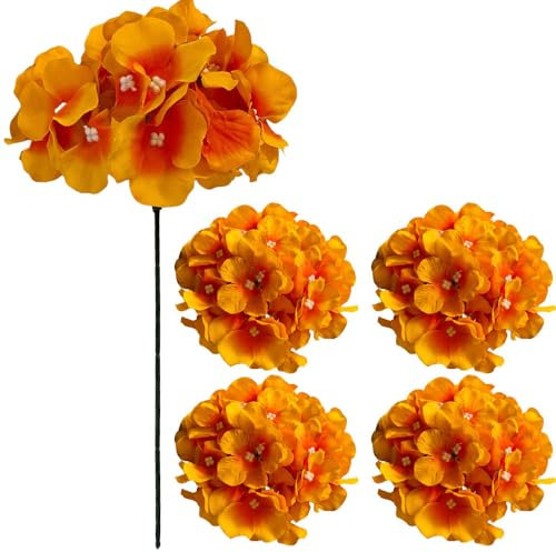 SHUYUNGE Lot de 5 têtes de fleurs d'hortensia artificielles en soie avec tiges pour centres de table, bouquets, maison, fête, jardin, salle à manger, décoration de centre de table (orange)