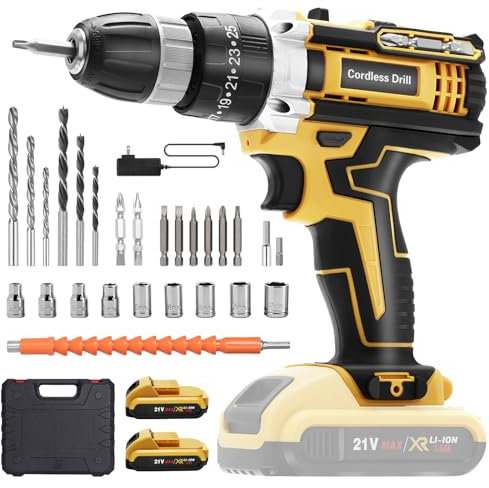 blayram Ensemble de tournevis sans fil 21 V avec 2 batteries 1500 mAh, tournevis électrique 3-1, perceuse combinée et ensemble de tournevis pour usage domestique et bricolage, jaune