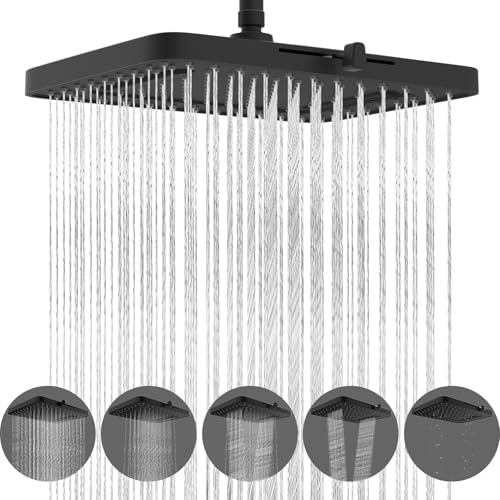 Hibbent Duschkopf mit 5 Strahlarten, 33 cm Hochdruck-Regenduschkopf, großer Wasserfall-Duschkopf fürs Badezimmer, fester Duschkopf, verstellbares Kugelgelenk, cUPC-zertifiziert, mattschwarz
