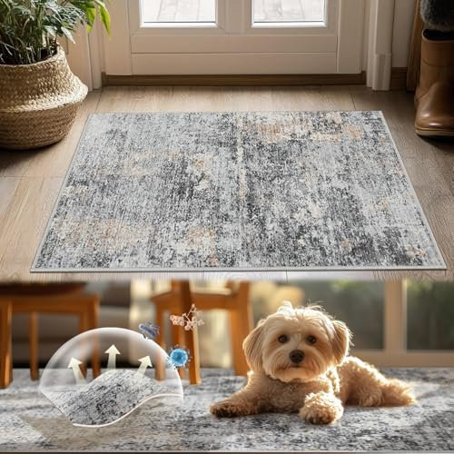 TOPICK Fußmatte Waschbar Fussmatte Innen Modern Abstrakte Teppich Dünner Antibakterieller Faltbar rutschfest Türmatte Weich für Haustür Eingangs Küche Patio Flur Schlafzimmer 60x90cm Grau
