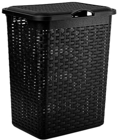 Tradineur - Cesto in rattan con coperchio, pongotodo in plastica con manici, cestino per bucato, imitazione di vimini, prodotto in Spagna (nero, 38 litri, 49 x 38,5 x 29,5 cm)