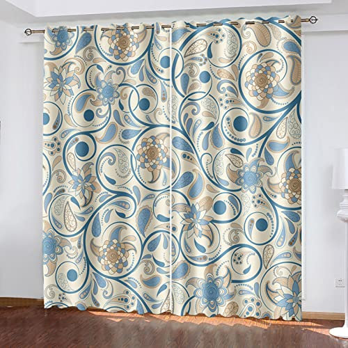 Verdunkelungsvorhänge mit Blumenmuster für Wohnzimmer, Kinderzimmer, Dekoration, wärmeisolierend, geräuschreduzierend, Türvorhang, Paneele, 110 x 215 cm, Beige / Blau