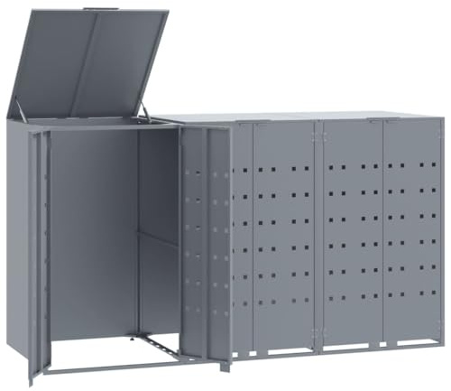 Hommdiy Mülltonnenbox für 3 Tonnen Grau 207x79x117 cm Stahl Box Mülltonnen, Garten Mülltonnenbox