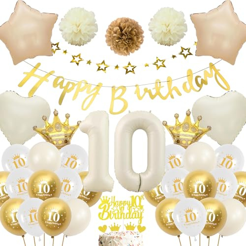 Deko 10 Geburtstag Mädchen Junge - Weiß Gold Luftballons Geburtstagsdeko Ballons, Glitzer Happy Birthday Banner Girlande und Creme Weiß XXL Zahl Folienballon Kuchendeko für Kinder 10 Jahre Party Boho