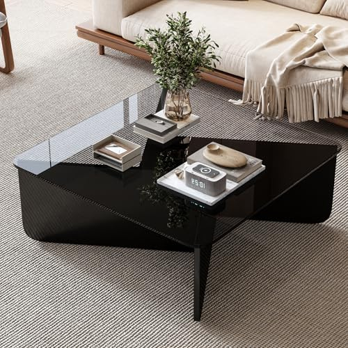 BTSAE Table basse en verre noir - Table basse carrée - Table d'appoint avec verre trempé et base en bois massif - Table basse moderne - 90 x 90 x 35 cm