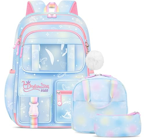 Amythe Mochila Escolar Niña Primaria 3 Piezas, Mochila para Niñas Kawaii con Colgante 6 a 12 Años, Mochilas Escolares Chica Impermeable e Ligera, 26L, Azul