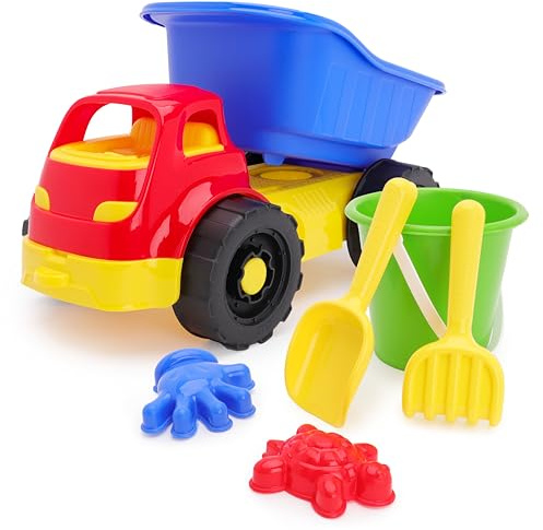 Toyland® 33cm (13 Zoll) Kipplaster-Fahrzeug & 5-Teiliges Set mit Eimer & Schaufel – Sand, Wasser & Strandspielzeug – Gartenspielzeug – Ab 18 Monaten