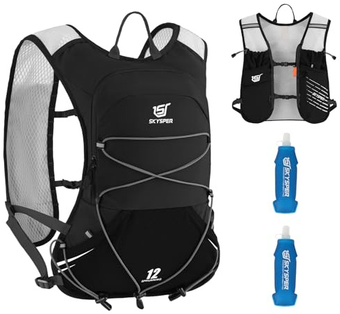 SKYSPER Zaino Idratazione 12L, Gilet Zaino Trail Running con 2 Borraccie Morbide 500ml Zaino da Corsa per Maratona Jogging Escursione Uomo Donna