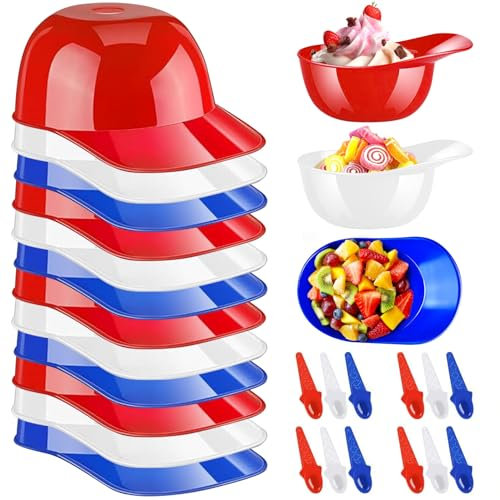 12 Piezas Cuencos de Helado con Cucharas, Vasitos Aperitivos Plastico Casco de Béisbol, Tazones de Helado Juego de Tazones de Postre para Comida, Fruta, Familia, Camping（3 Colores）