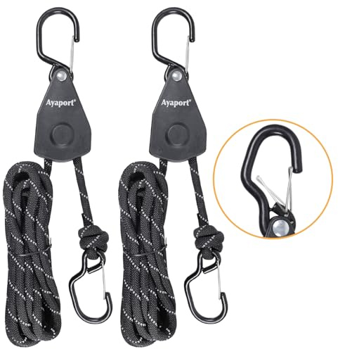 Ayaport Rope Tie Down Ratchet 3/8 x 14' Heavy Duty Tie Down Straps Kayak Straps with Safety Lock S Hook Cord Tightener Hanger Roller Pulley System