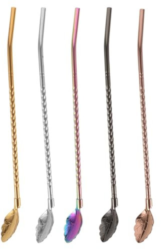 ULTECHNOVO 5 Piezas Cucharas Inoxidable Reutilizables Diseño de Pajita y Cuchara para Cócteles Postres Infusiones Incluye Colores Plateado Negro y Rosa