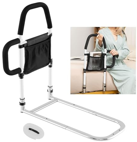 FANTASK Aufstehhilfe Erwachsene mit 2 Handlauf & Tasche & Befestigungsgurt, Bettgitter Rausfallschutz bis 136kg, Seitenschutz Bett Bettgriff Bettgeländer für Ältere Schwangere (Silber)