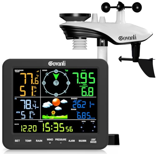 Govanli SA8 Home Weather Station with Rain Gauge and Wind Speed, Weather Stations Wireless Indoor Outdoor with Rain Gauge Outdoor, Forecast, Temperature, Humidity, Moon Phase, Alarm Clock(No WiFi)