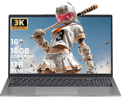 16'' Business Laptop, 16GB DDR4 RAM, 1TB NVMe SSD, Quad-Core Processor N150 | up to 3.6GHz, 3072x1920 IPS Display, Fingerprint Unlock, Backlit KB, Portable Notebook for Study, Travel, Daily Use