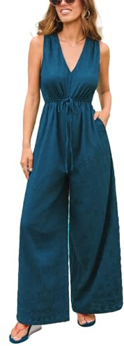 CUPSHE Women's Jumpsuit, Sleeveless V-Neck Front Tie Drawstring Wide Leg Casual Romper for Summer Beach Vacation M