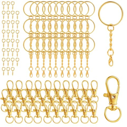 Llavero con cadena de 25 mm, cierre de mosquetón, juego de manualidades (30 llaveros, anillos, cadena + 30 pasadores de rosca+30 llaveros) para llaves, bricolaje, joyería, colgantes, accesorios